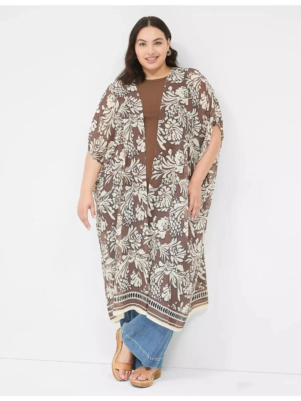 Lane Bryant One Size Maxi Chiffon Over Piece Brown White Sheer Boho Summer Fall